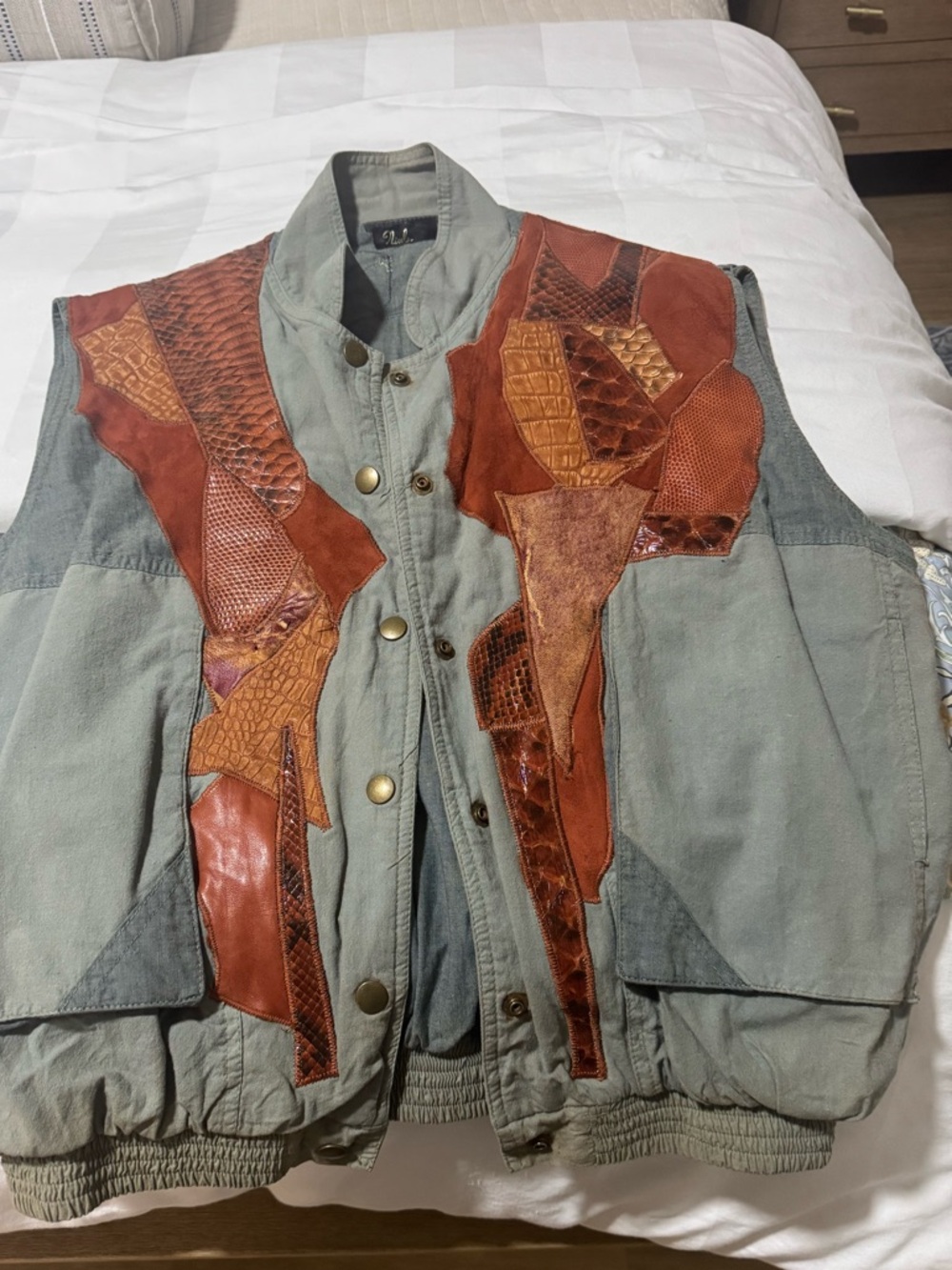 Vintage Utility Vest with Brown Patchwork Leather  and suede accents; size M